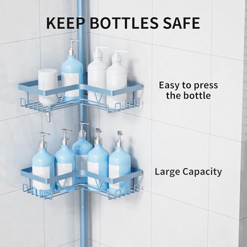 KEGII Shower Caddy Tension Pole, 4-Tier Rustproof Adjustable Corner Bathroom Organizer for Renters, 25–114.2 Inch No Drill Space-Saving Shower Storage Rack, Blue - style: Tension Caddy - Blue