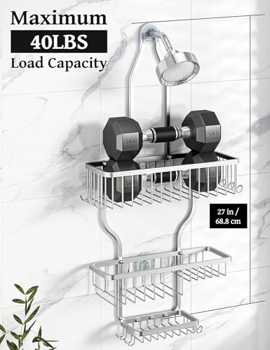 YASONIC Never-Rust Aluminum Hanging Shower Caddy – Over-the-Showerhead Organizer with 10 Hooks for Razor and Sponge – Includes Soap Basket – Silver - color: Silver
