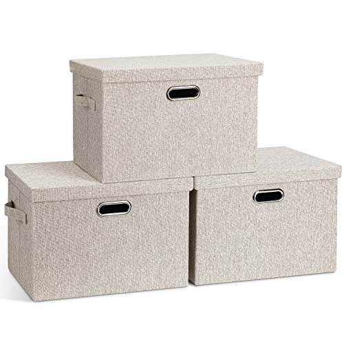 Graciadeco Large Quart Collapsible Stackable Storage Bins with Lids, 3 Packs Beige Linen Fabric Closet Boxes with Lids, Storage Cube Baskets Container Organizers for Bedroom Office(16.6 x 11.7 x 10.8) - color: Beige, size: Large -3 Pack