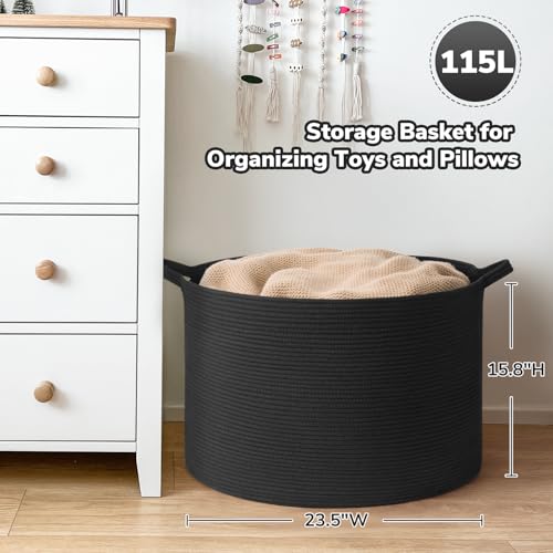 Goodpick Large Storage Basket, 23.5'' x 15.8'' Woven Storage Baskets, Cotton Rope Toy Storage for Kids Decorative Laundry for Home, Perfect for Living Room, 115L Black - color: Black, size: 23.5x23.5x15.8 Inch (Pack of 1)