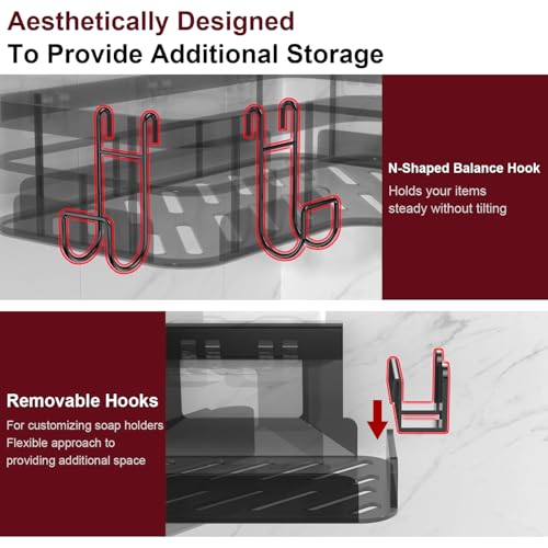 Getsrichfc Large Capacity Shower Caddy, Heavy-Duty Adhesive Shower Organizers with Custom Aesthetic Design Soap, No Drilling Corner Shower Shelves, 5 Hooks for Bathroom Accessories - 3 Pack