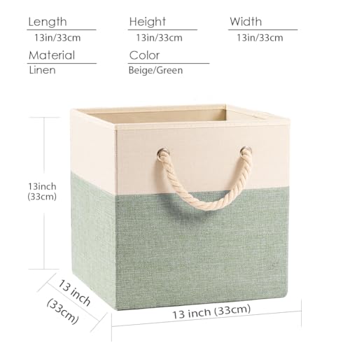 PRANDOM Large Foldable Cube Storage Bins 13x13 inch [4-Pack] Fabric Linen Storage Baskets Cubes Drawer with Cotton Handles Organizer for Shelves Nursery Closet Bedroom Beige/Green - color: Beige/Green, size: 13x13 inch(4-Pack)