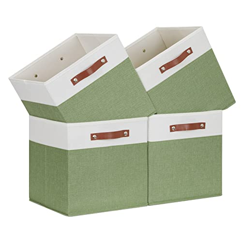 Temary 13 Inch Cube Storage Bin 4 Pack Fabric Storage Cubes Fabric Storage Bin for Shelf, Cube Storage Basket with Leather Handles(White&Green) - color: White&Green, size: 13×13×13