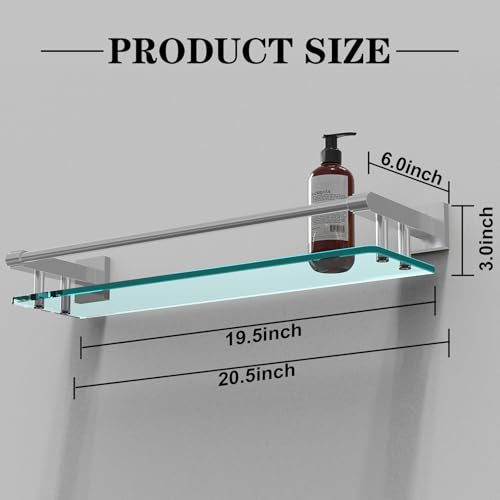 20 Inches Glass Shelf for Bathroom, Brushed Nickel Glass Shelves for Wall with Smooth Stainless Steel Railing, Modern Tempered Glass Organizer Shelf - color: Brushed Nickel, size: 20'' with Railing