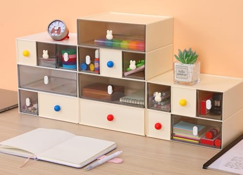 Desktop Storage Drawers, Plastic Desk Organizer with 6 Drawers, Modular Stackable Toolbox Units for Office Stationary, Makeup Container, Bathroom Countertop (3 Tiers, Cream & Clear) - color: 3 Tall Layers & 6 Drawers, Cream & Clear