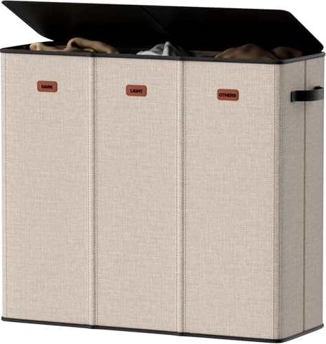 185L Laundry Hamper 3 Section, Laundry Hamper with Lid, Dirty Clothes Hamper with 3 Removable Washing Bags, Extra Large Laundry Basket Organizer for Bedroom, Laundry Room, Dorm - Khaki - color: Khaki, size: 185L - 3 Section
