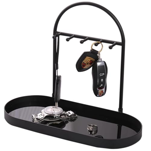 Shinpuru Metal Jewelry Organizer Stand & Key Holder Tray with Acrylic Base, Key Stand and Jewelry Tray with 5 Hooks, Perfect Bowl, Valet, Key Tray, Ring Holder, Jewelry Dish(Matt Black) - color: Matt Black