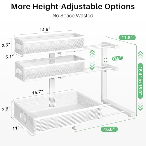 Kitstorack Under Sink Organizer, 2-Pack 3-Tier Height Adjustable Thickened Metal Pull out Cabinet Organizer Shelf, Slide out Storage Drawer Rack for Bathroom Kitchen Pantry Home Laundry Organization - color: White, size: 2 Pack
