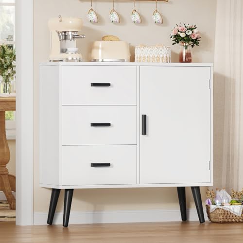 Iwell Storage Cabinet with 3 Drawers, Sideboard Buffet Cabinet with Adjustable Shelf, Freestanding Floor Storage Unit for Living Room, Entryway, Home Office, White - color: White