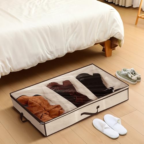 SATINIOR 3 Pcs 3 Section Under Bed Shoe Storage Boot Bag Beige and Brown Underbed Shoe Organizer with Large Clear Pockets Fabric for Storage Men's and Woman's Boots - color: Beige and Brown