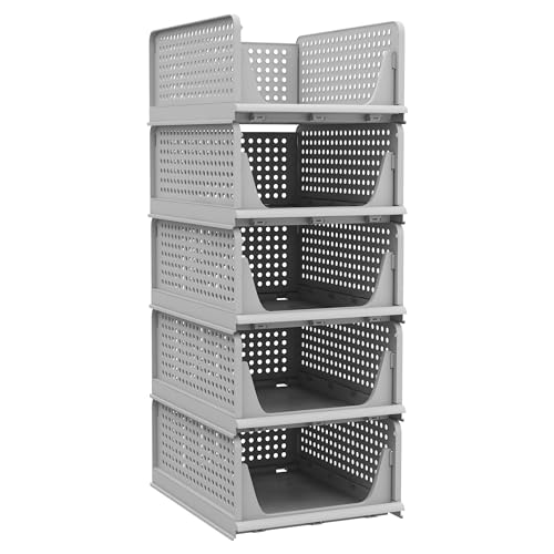 Pinkpum 5 Pack Folding Closet Organizers Storage Box, Stackable Plastic Drawer Basket for Clothing, Stackable Storage Bins Shelf Storage Container for Closet Wardrobe Bedroom Bathroom Office (Grey) - color: Grey, size: 5 Pack L