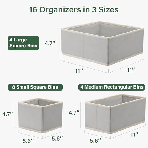 Kootek 16 Pack Drawer Organizer Clothes, Dresser Drawer Organizers for Clothing Fabric Foldable Closet Organizers and Storage Bins for Baby Clothes, Nursery, Underwear, Bras, Socks - color: Grey