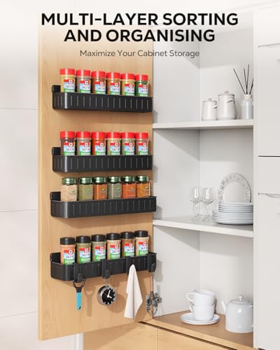 Nieifi Spice Rack Wall Mount, 4 Pack, Black, Screw or Adhesive Installation, Spice Rack Organizer for Your Kitchen Cabinet or Pantry Door - color: Black