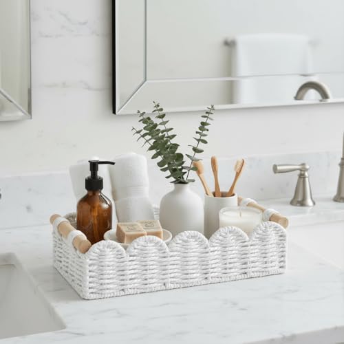 CubesLand Toilet Paper Storage Basket Organizer, Small Wicker Toilet Tank Top Decorative Baskets for Countertop, Handwoven Scalloped Basket w/handle for Home Decor, Living Room, Bedroom, White - color: White, size: S - 12.99"L x 6.3"W x 3.15"H