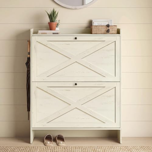 VASAGLE Shoe Storage Cabinet Organizer with 2 Flip Drawers, Freestanding Narrow Shoe Rack Cabinet for Entryway, Farmhouse Style, Fits 14 to 16 Pairs, Rustic White UHSC203WJ01S - color: Rustic White