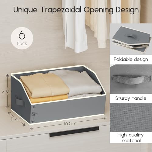 Homsorout Large Closet Organizers and Storage Bins - 6 Pack Trapezoid Storage Baskets for Shelves, Foldable Fabric Baskets with Handles Ideal for Closet, Basket, Wardrobe and Shelf Storage, Grey - color: Grey, size: 6 Pack