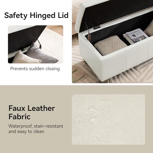 WUTUTUEE 41" Faux Leather Storage Ottoman, Stitch Tufted Rectangle Upholstered End of Bed Storage Bench, Entryway Large Couch Ottoman with Wooden Legs,White - color: White, size: 41 Inch