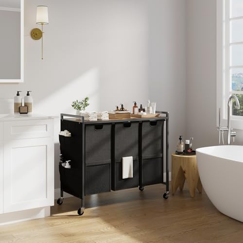 Huhote Laundry Hamper, Laundry Basket, Laundry Sorter with Top Shelf & 3 Removable Washable Bags & Side Pockets for Laundry Room organization, Bathroom and Dorm, Rustic Brown and Black - color: 3 bags-Black