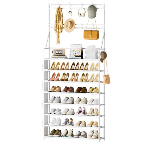 OYREL Shoe Rack 8 Tier Large Shoe Organizer Storage 32-40 Pairs Metal Shoe Storage Rack with Hooks and Side Pocket for Entrance Entryway Closet Shoe Shelf Holder - color: White, size: 8 Tier