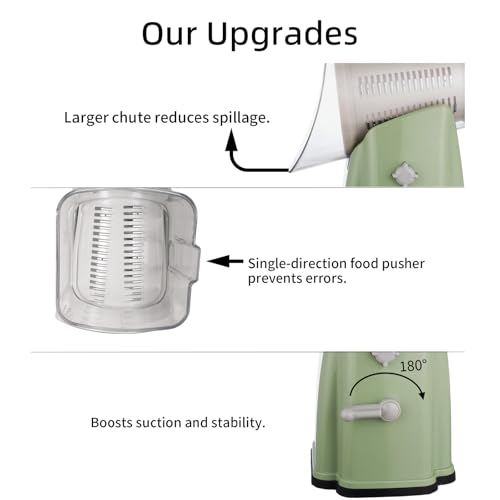 Upgrade Rotary Cheese Grater Shredder with Handle, Strong Suction Base, Multi-purpose Rotary Grater Slicer with 5 Interchangeable Blades for Ice, Vegetables, Fruit, Nuts with Blade Storage Box - color: White+Green