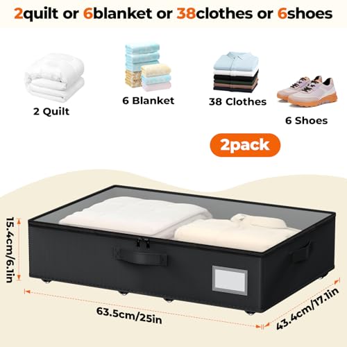 Dayacoco Underbed Storage with Wheels, 2 Pack Under Bed Storage Containers with Clear Lids No Assembly Required, 6.1 inch Rolling Under Bed Storage for Clothes, Shoes - size: 6.1 inch height-black
