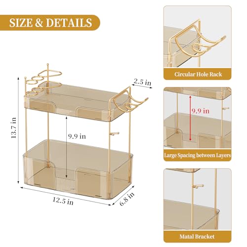 Bathroom Counter Organizer for Vanity, Makeup Organizer Countertop with Holder, Large Capacity Storage Rack, Perfect Large Skincare, Hair Care, Perfume, Easy to Install (Gold, 2Tiers) - color: Amber, size: 2 Tiers