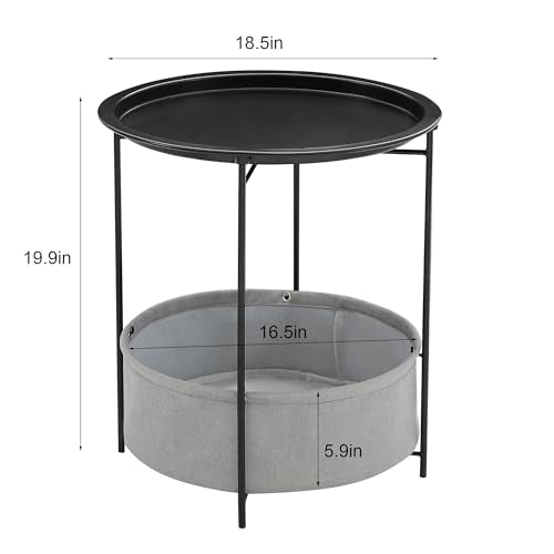 VECELO Round Side/End Table with Fabric Storage Basket，Metal Anti-Rust and Waterproof Small Bedside Nightstand with Removable Tray Top for Living Room，Balcony & Laundry，Black /1pcs with Basket - color: Black, size: 1 PCS with Basket