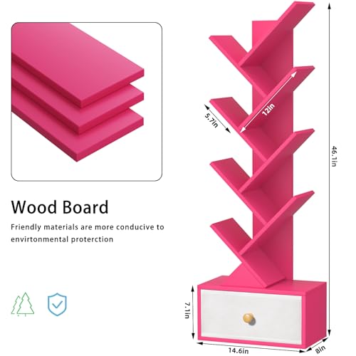 SHEEPAM 8 Tier Tree Bookshelf with Drawer, Free Standing Wood Bookcase for Narrow Space, Storage Organizer Bookshelves for Books, Book Case for Home Office, Living Room, Bedroom - Pink - color: Pink, size: 8 Tier