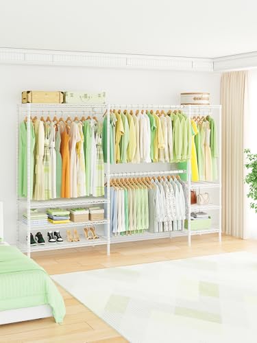 Ulif E11 Heavy-Duty Garment Rack, Metal Freestanding Clothes Rack and Closet Storage Organizer with 8 Shelves and 4 Hanger Rods, (73.2-97.6)" W x 14.5" D x 71.2" H, Load 1034 LBS, White - color: White