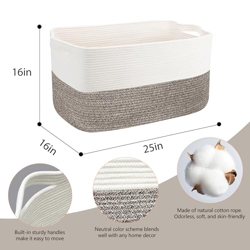 MEGASKET XXXXL Rope Basket for Blankets, 25" x 16" x 16"(108L) Rectangle Blanket Basket Living Room, Extra Large Wicker Woven Blanket Pillow Storage Basket, Kids Dog Toy Basket Storage Bins Organizer - color: White & Light Brown, size: 25"x16"x16"
