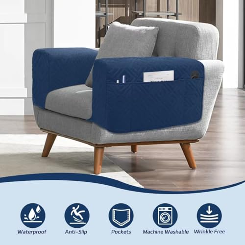 MEHIDFY Sofa Arm Cover, Waterproof Couch Armrest Protector, Anti-Slip Sofa Cover, Remote Holder for Armchair, Recliner Caddy with 3 Pockets for TV Remote, Phone, Pad, Pen, Book(Blue 2pcs) - color: Blue