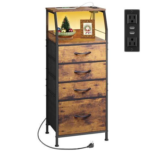 WLIVE 4 Drawer Dresser for Bedroom, 37" H Nightstand with Charging Station and Led Light, Tall Night Stand Bed Side Table, End Table with USB Ports and Outlets, Fabric Bins, Wood Shelf, Rustic Brown - color: Rustic Brown Wood Grain Print, size: 4 Drawers