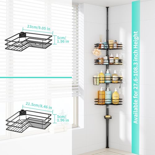 HapiRm Corner Shower Caddy Organizer - Shower Organizer Corner with Soap Holder, Toothbrush Holder and 4 Hooks, Rustproof Bathroom Shelf Tension Pole Available for 27.6 to 108.3 Inch - Black - color: Black