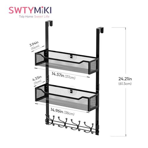 SWTYMIKI Over The Door Hooks Organizer - Multi-Functional Door Hanger with 16 Hooks & 2 Mesh Baskets, Long Coat Rack for Bathroom, Bedroom, Living Room, Home Storage Organizer, Black - color: Black