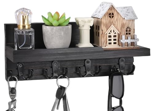 Decorative Key Hanging Rack with 4 Double Hooks – Easy Install Natural Wooden Key and Mail Holder for Wall Mount – Entryway Decor Rack with Shelf (Carbon Black) - color: Carbon Black