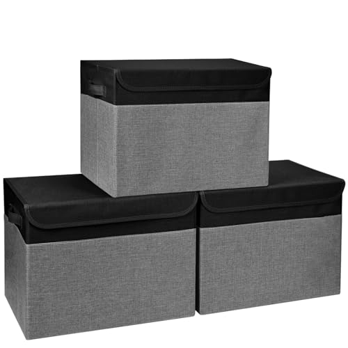 Large 17" 42 Quarts Collapsible Stackable Storage Bins with Lids [3-Pack] Foldable Fabric Linen Storage Boxes Cube, Closet Organizer Baskets with Label for Home (16.7 x 12 x 12", Black & Gray) - color: Black & Gray, size: Large - 3 Pack
