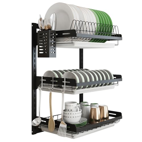 junyuan Hanging Dish Drying Rack Wall Mount,Dish Racks Drainer,3 Tier Kitchen Plate Organizer Storage Shelf with Drain Tray with 3 Hooks,Stainless Steel Black Large Ajustable Height - size: 3tier-Wall Mount