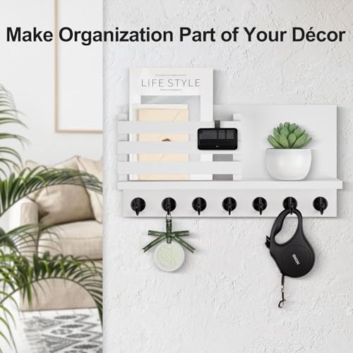 Lwenki Key Holder for Wall – Decorative Wooden Mail Holder and Key Shelf with Mounting Hardware, Installation Guide – Paulownia Wood with Metal Key Hooks (White, Extra Large - 15.6inch) - color: White, size: Extra Large - 15.6inch