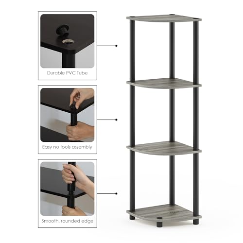 Furinno TURN-N-TUBE Corner Shelf, 4-Tier Corner Bookshelf, Display Storage Shelves with Open Shelves, for Organization and Storage, Living Room, Home Office, Garage, French Oak - color: French Oak Grey/Black, size: 4-Tier Round Tube