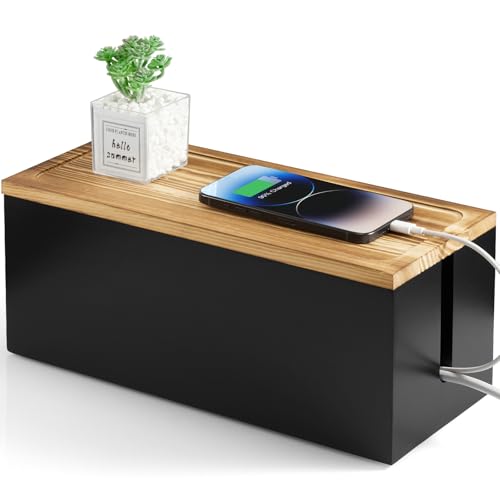 Large Wood Cable Management Box - Cable Organizer Box - 2 Open Slots Cords Hider Box - Under Desk Cord Organizer for Power Strip Extension Cord Surge Protector Charger Wire, Black - color: Black, size: Large