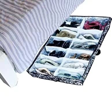 12 Cells See Through Underbed Shoes and Boots Storage Bag Organizer with Black and White Flower (Black) - 40.9x24.4x5.51 Inch - color: black