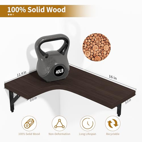 ROMGUAR CRAFT Corner Floating Shelves Wall Mounted Set of 4, Rustic Wood Storage Display Shelves for Home Decor, Bathroom, Kitchen, Bedroom, Living Room, Office (Brown) - color: Brown