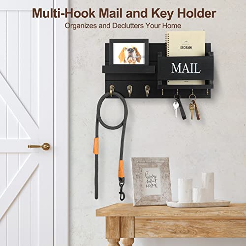 Lwenki Mail Organizer for Wall Mount – Key Holder with Shelf Includes Letter Holder and Hooks for Hallway Farmhouse Decor – Rustic Wood with Flush Mounting Hardware (16.5” x 9.1” x 3.4”) (Black) - color: Black