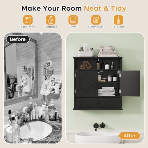 Bathroom Wall Cabinet, Wall Mounted Medicine Cabinet with Drawer, Barn Door & Adjustable Shelf, 24.4"H x 23.6"W x 9"D Black Over Toilet Farmhouse Storage Cabinet for Kitchen, Laundry, Entryway - color: Black, size: 24.4"H x 23.6"W x 9"D