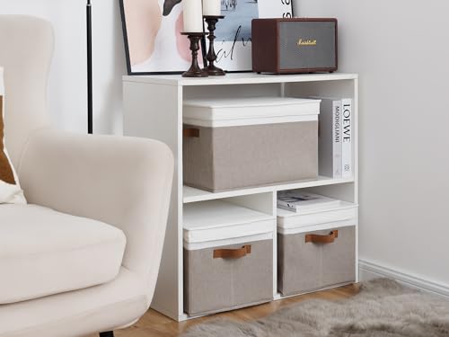 StorageWorks Storage Bins with Lids, Decorative Storage Boxes with Lid and PU Handles, Foldable Storage Baskets for Closet, Shelves, Stackable, Brown and White, Jumbo, 3-Pack - color: Brown and White, size: Jumbo