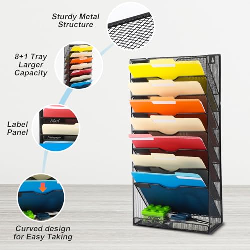 EASEPRES Desk File Organizer Mesh 9-Tier, Hanging Wall Mount Document Organization Stand, Desktop Vertical Mail Paper Folder Holder Rack with Bottom Tray for Office Home Cubicle Countertop, Black - color: Black, size: 8 Tier Upgrade