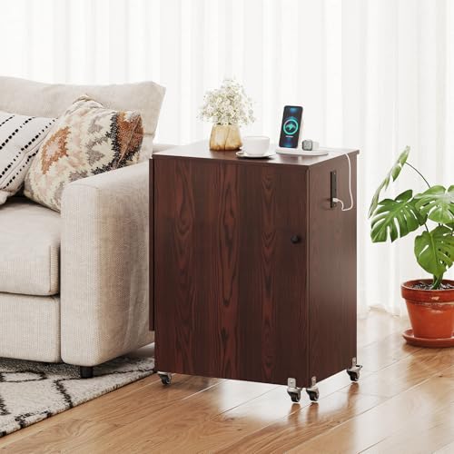 Giantex Folding Sewing Table with Storage, 3 Side Trays & Open Shelf, Built-in Charging Station, Mobile Craft Desk with Lockable Wheels, Space-Saving Sewing Machine Table for Home, Dorms, Espresso - color: Espresso