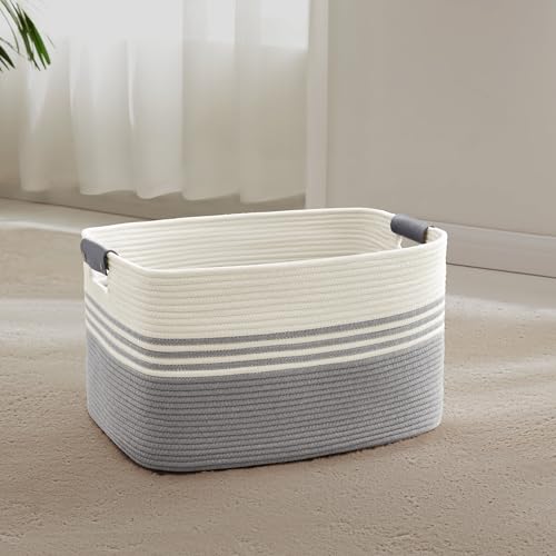 45L Small Laundry Basket with Leather Handles for Living Room Storage, Woven Rope Baskets Bin for Blanket, Kids Toy, Gifts, Wicker Hamper for Bedroom Dirty Clothes, 18"x14"x11" White Grey - color: Grey, size: 45L
