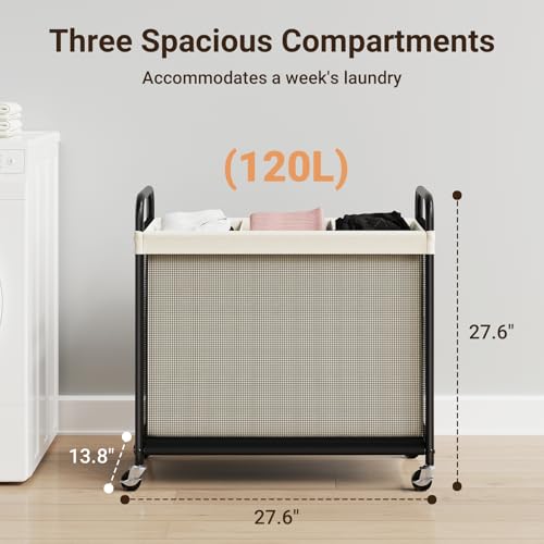 ELYKEN Laundry Hamper 3 Section, 120L Rolling Laundry Sorter with Removable Liner Bag, Laundry Basket with Wheels, Steel Frame with Metal Handle, Clothes Hamper Cart for Laundry Room & Bedroom - color: Beige, size: 3-Section