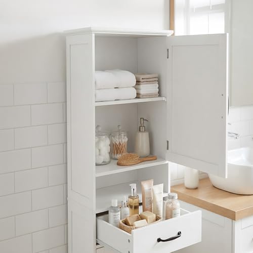 Casaphoria Tall Bathroom Storage Cabinet, 65" H Narrow Floor Cabinet with 2 Barn Doors and 1 Drawer, Freestanding Linen Tower with Adjustable Shelves, Anti-Tipping, White - size: 15.74"L×11.8"W×64.96"H